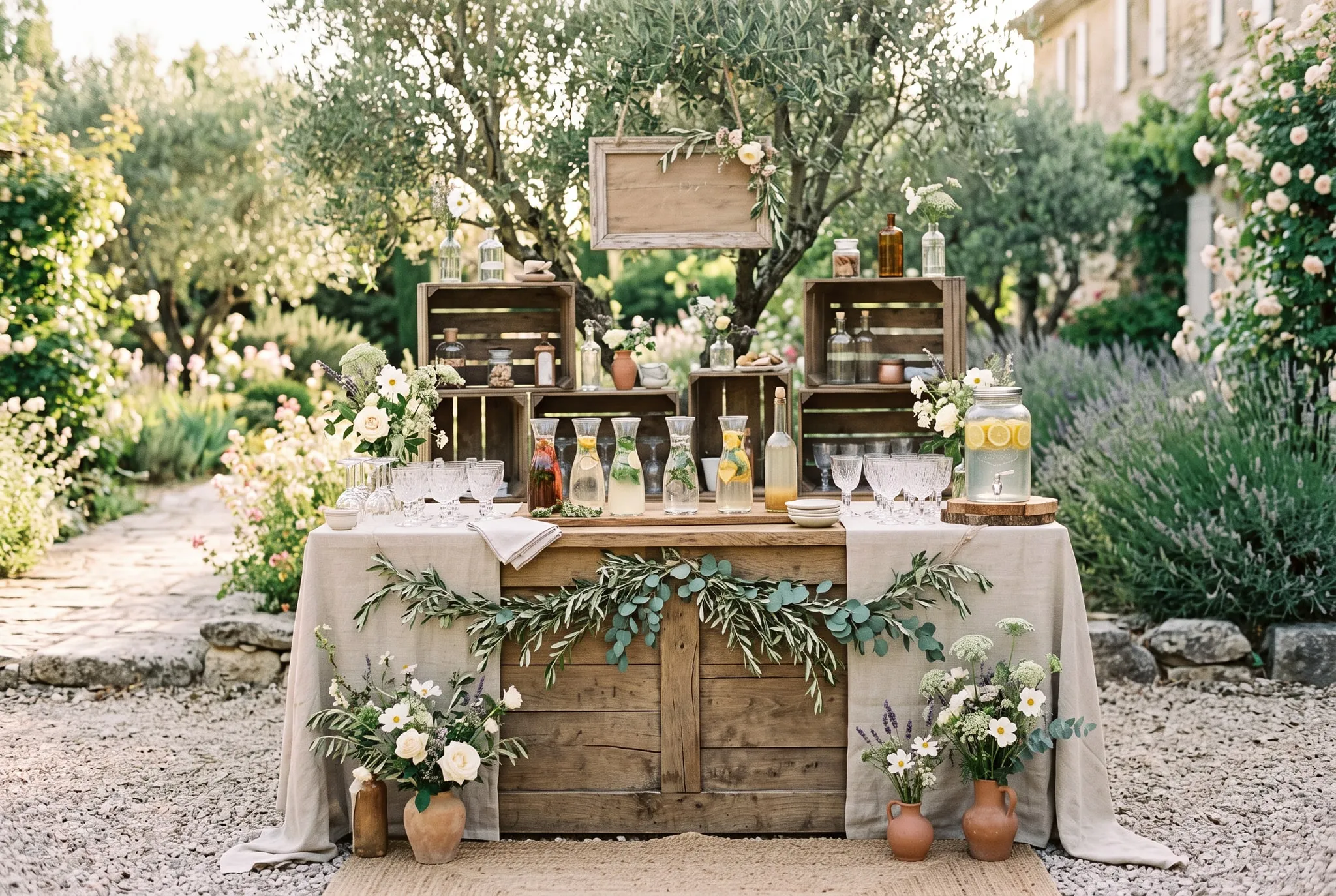 Bar champêtre en plein air : caisses en bois, carafes en verre, linge naturel et fleurs des champs