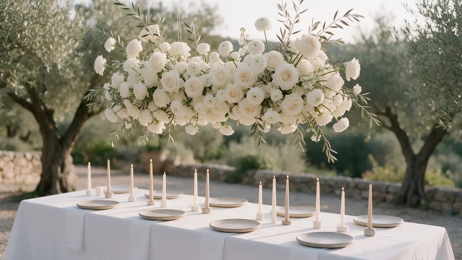 Nuage floral de roses ivoire et de branches d’olivier suspendu au-dessus d’une table de mariage dans une oliveraie