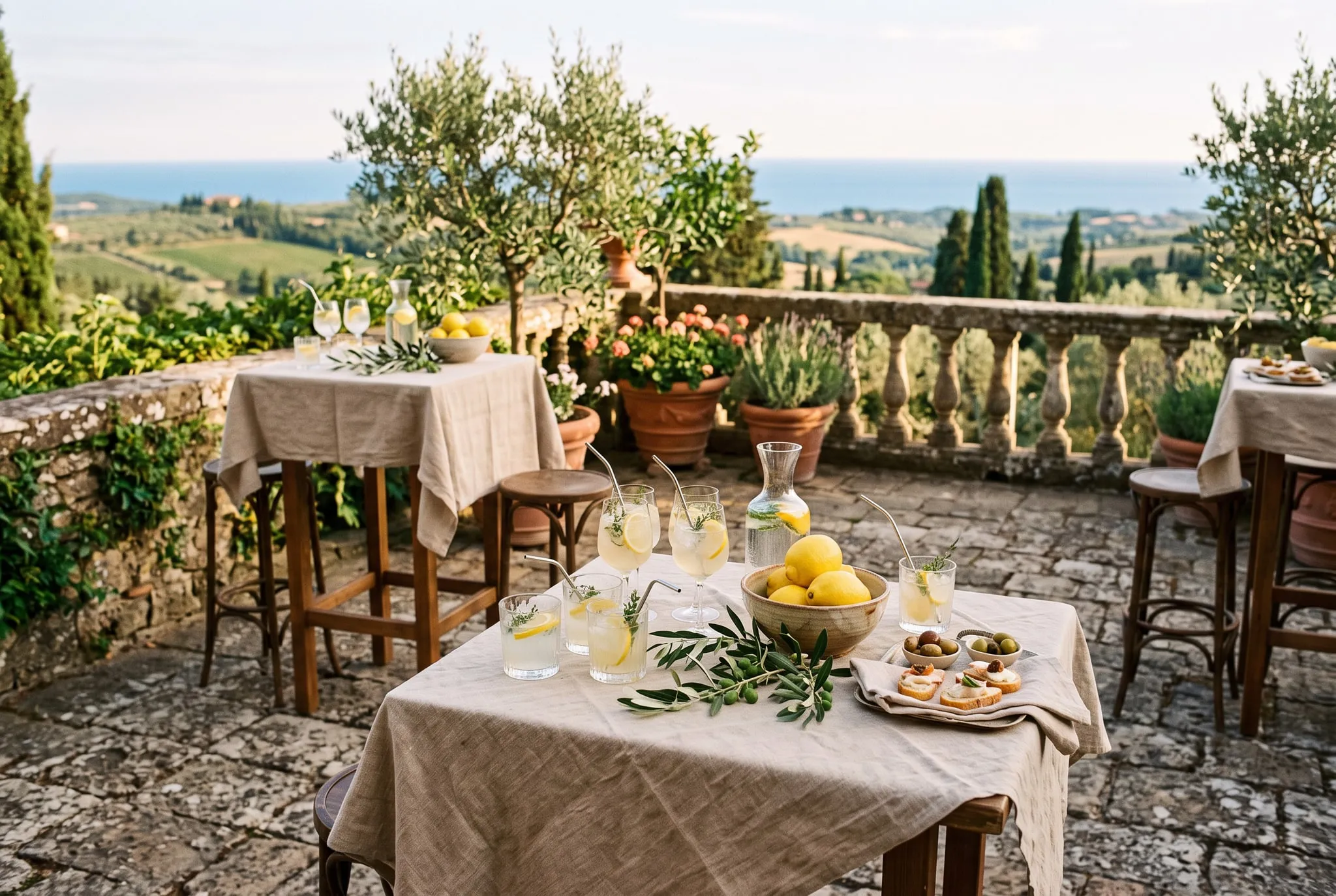 Apéritif sur une terrasse en pierre : tables hautes en lin, boissons aux agrumes, citrons dans des bols en céramique