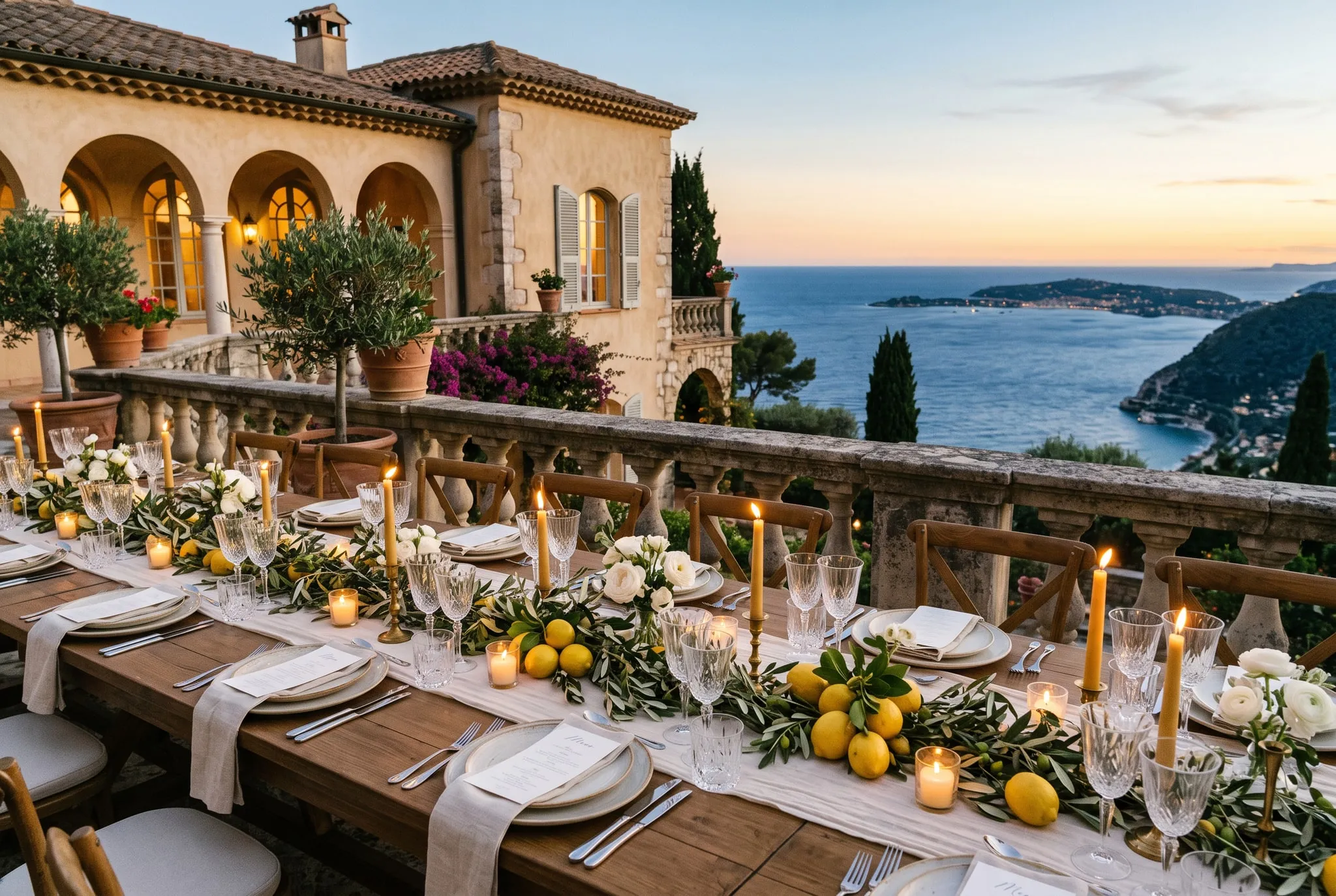 Terrasse de villa face à la mer au crépuscule, longue table avec citrons, branches d’olivier et bougies