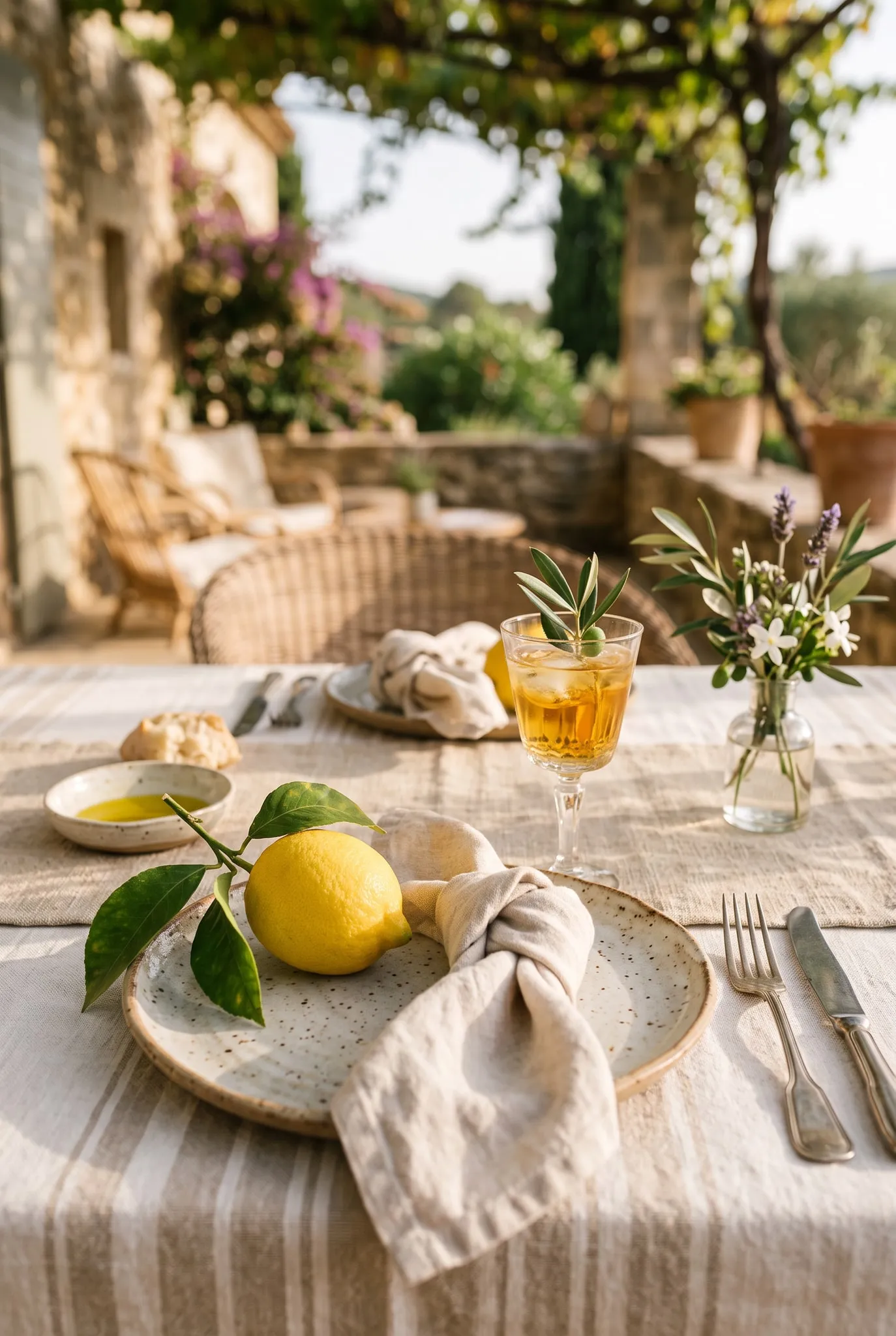 Assiette en grès avec un citron, serviette de lin nouée, verre d’apéritif et petit bouquet de lavande sur une table rayée
