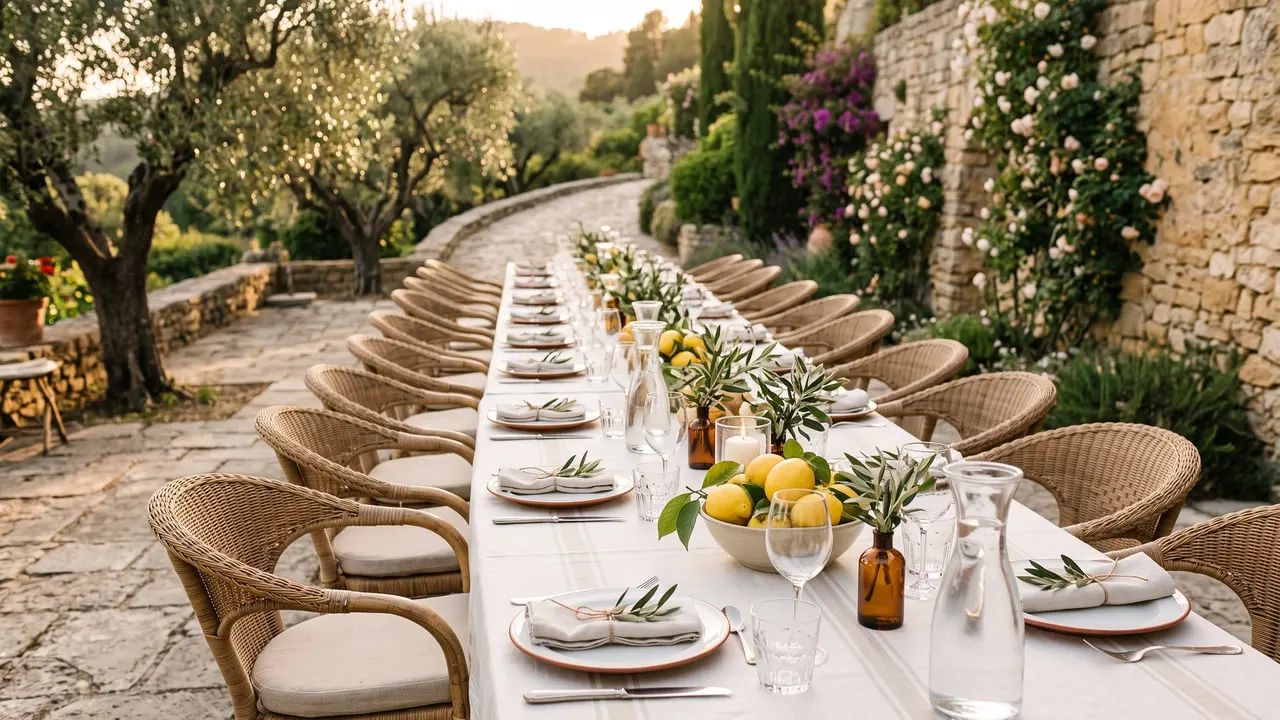 Longue table dressée sur une terrasse provençale au coucher du soleil, citrons, branches d’olivier et chaises en rotin