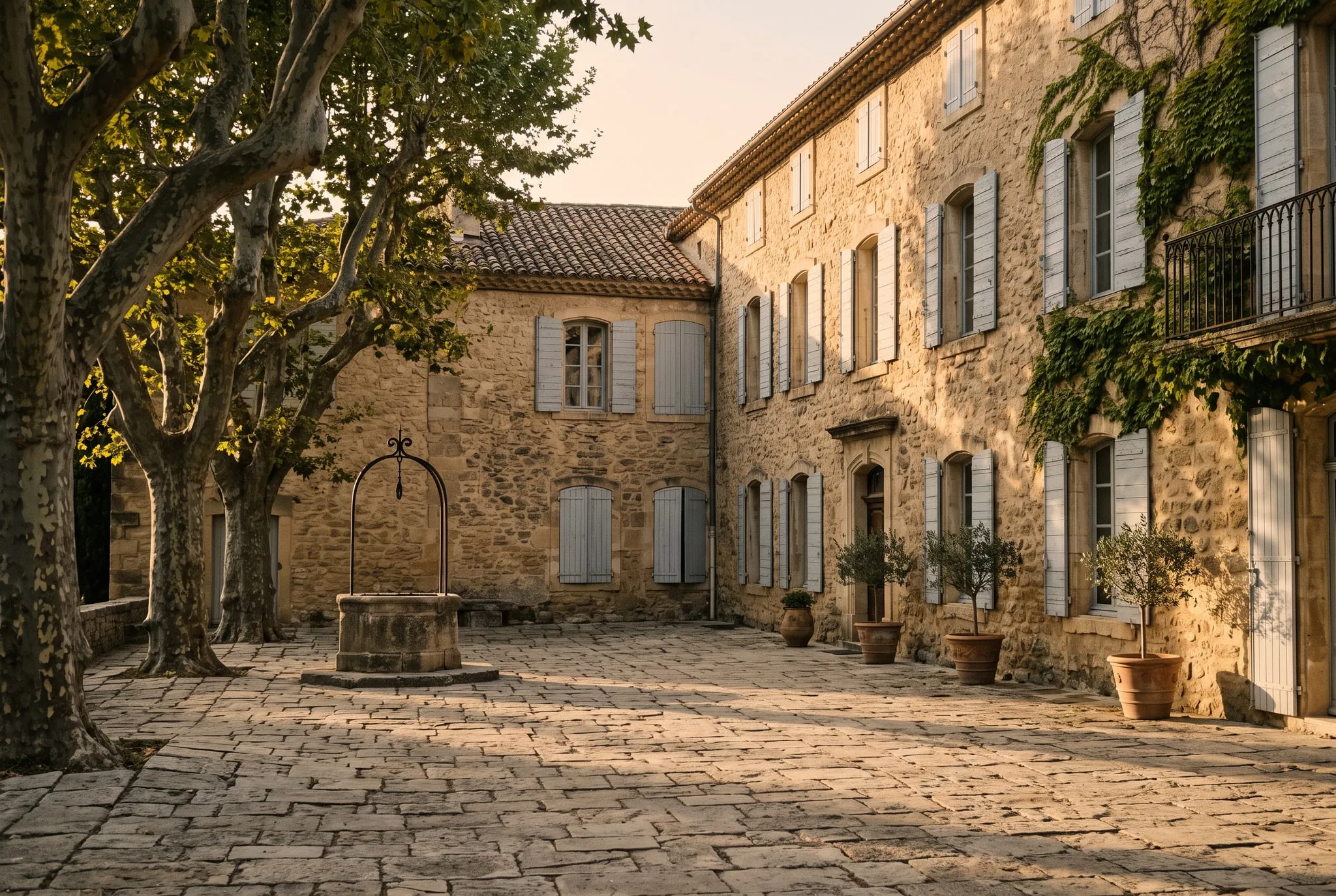 Cour en pierre d’une bastide provençale à la lumière dorée, platanes et volets en bois