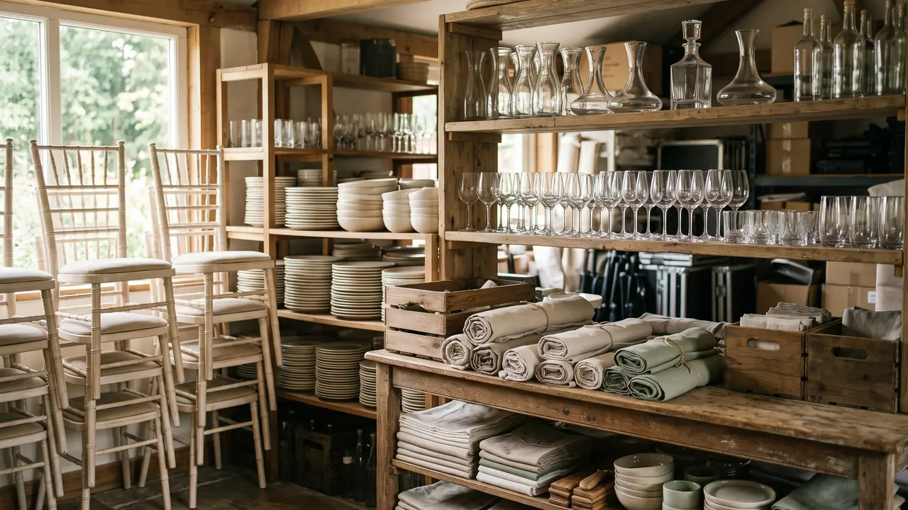 Réserve d’un loueur de décoration : chaises ivoire, assiettes en céramique, carafes en verre et rouleaux de lin