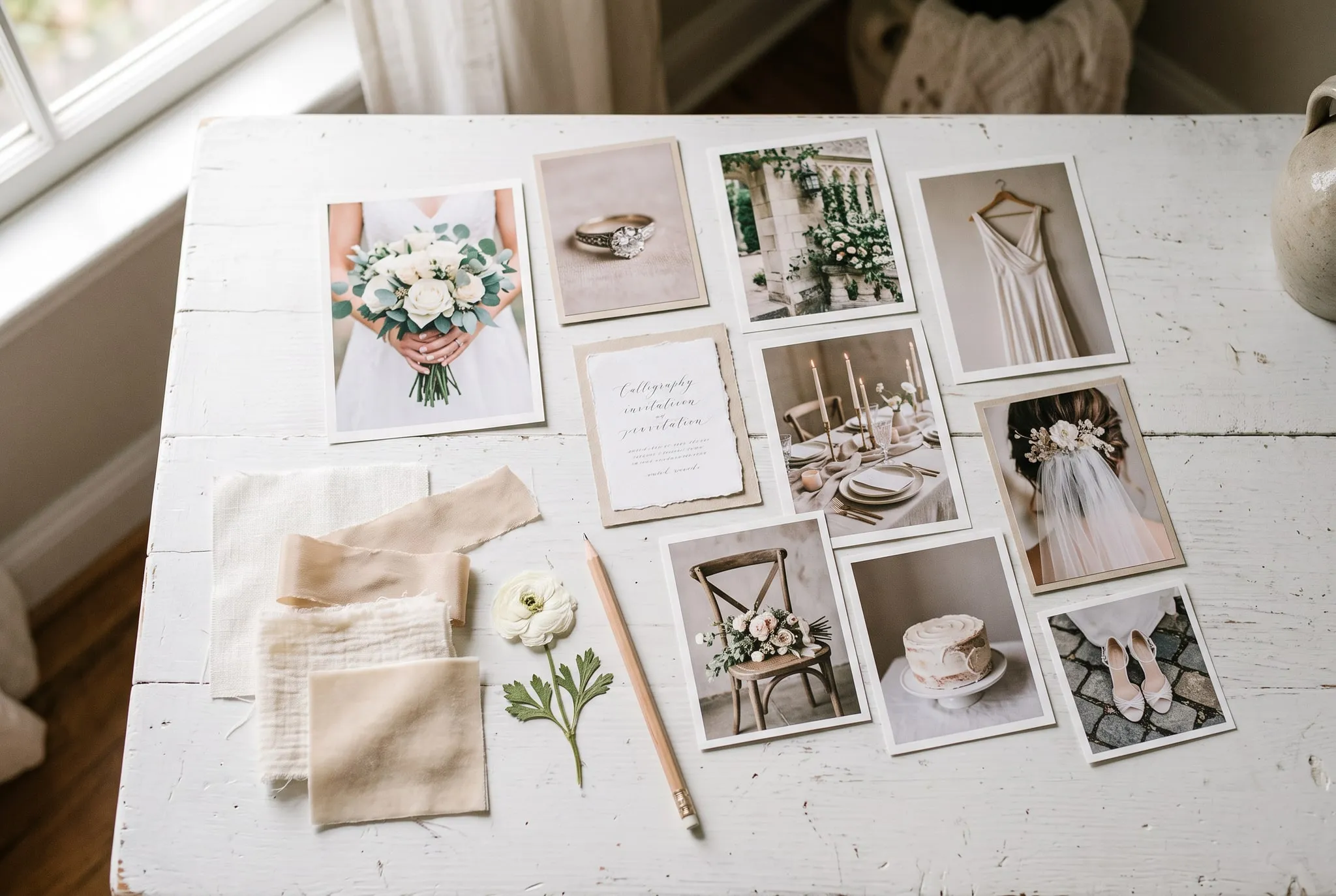 Moodboard de mariage posé sur une table blanche : photos imprimées, échantillons de tissu, fleur pressée et crayon