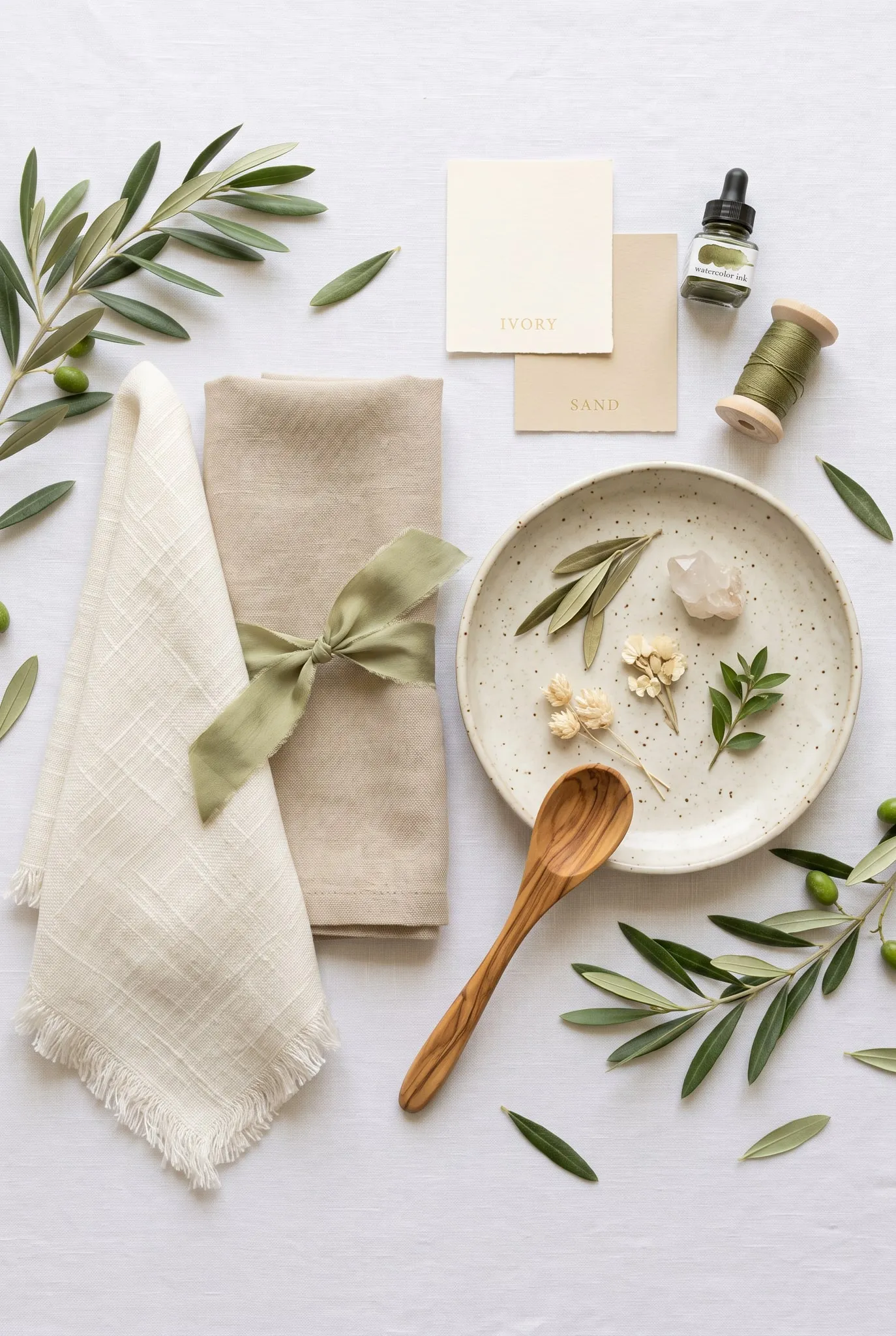 Palette ivoire, sable et vert olivier : lin, assiette en céramique, feuilles d’olivier et cuillère en bois