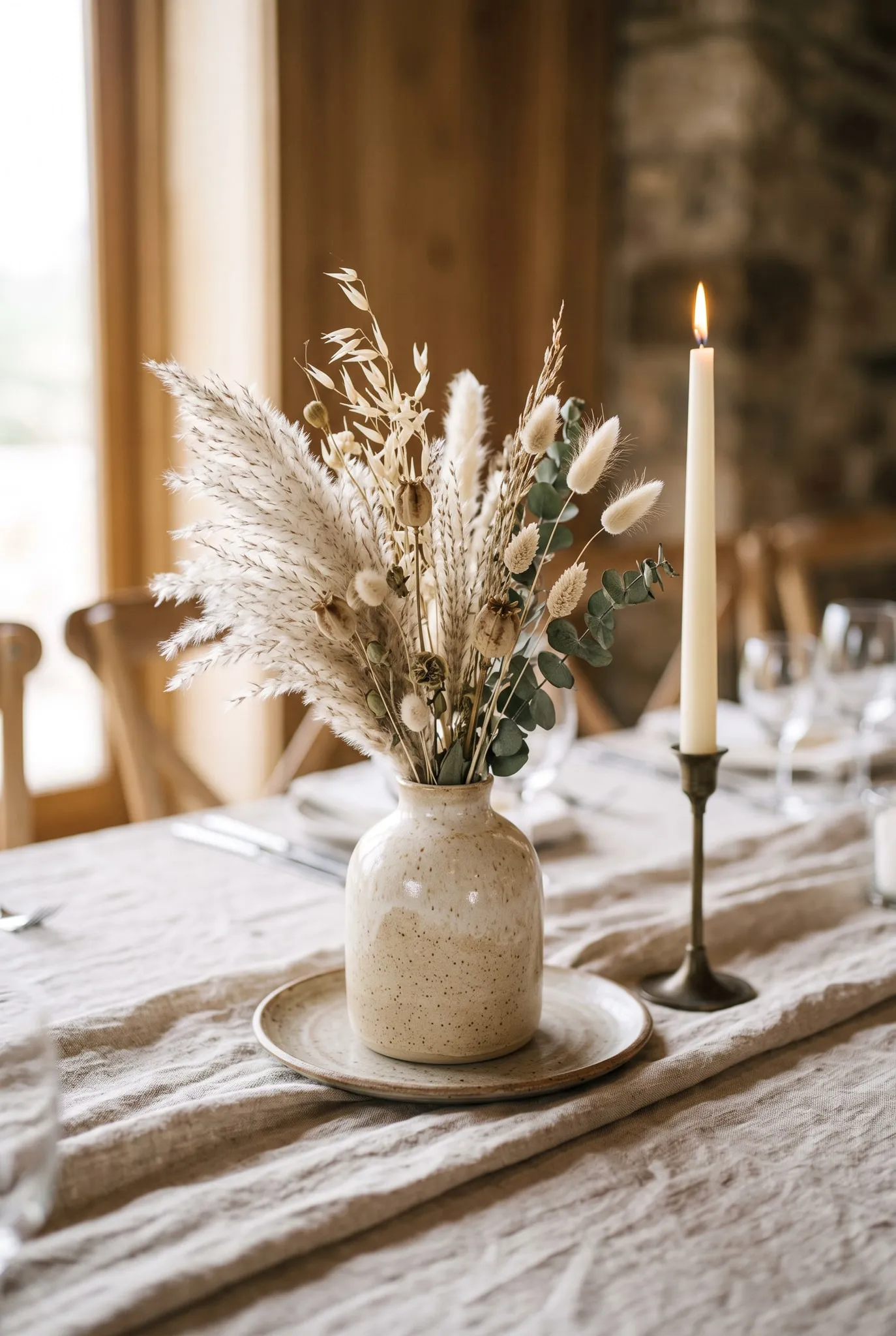 Centre de table sur mesure : vase en céramique, graminées séchées et longue bougie sur un chemin de table en lin