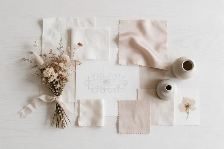 Planche d’ambiance : échantillons de lin et de soie ivoire et poudré, fleurs séchées, plan de table dessiné au crayon