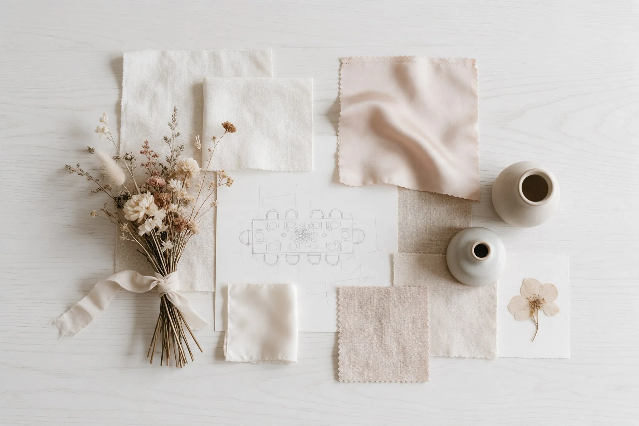 Planche d’ambiance : échantillons de lin et de soie, fleurs séchées, plan de table dessiné au crayon