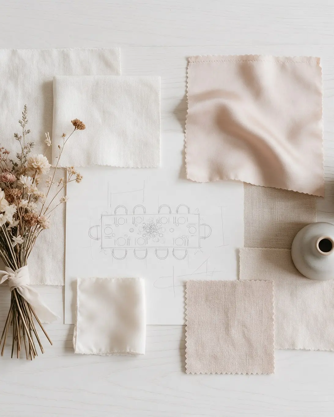 Planche d’ambiance : échantillons de lin et de soie ivoire et poudré, fleurs séchées, plan de table dessiné au crayon