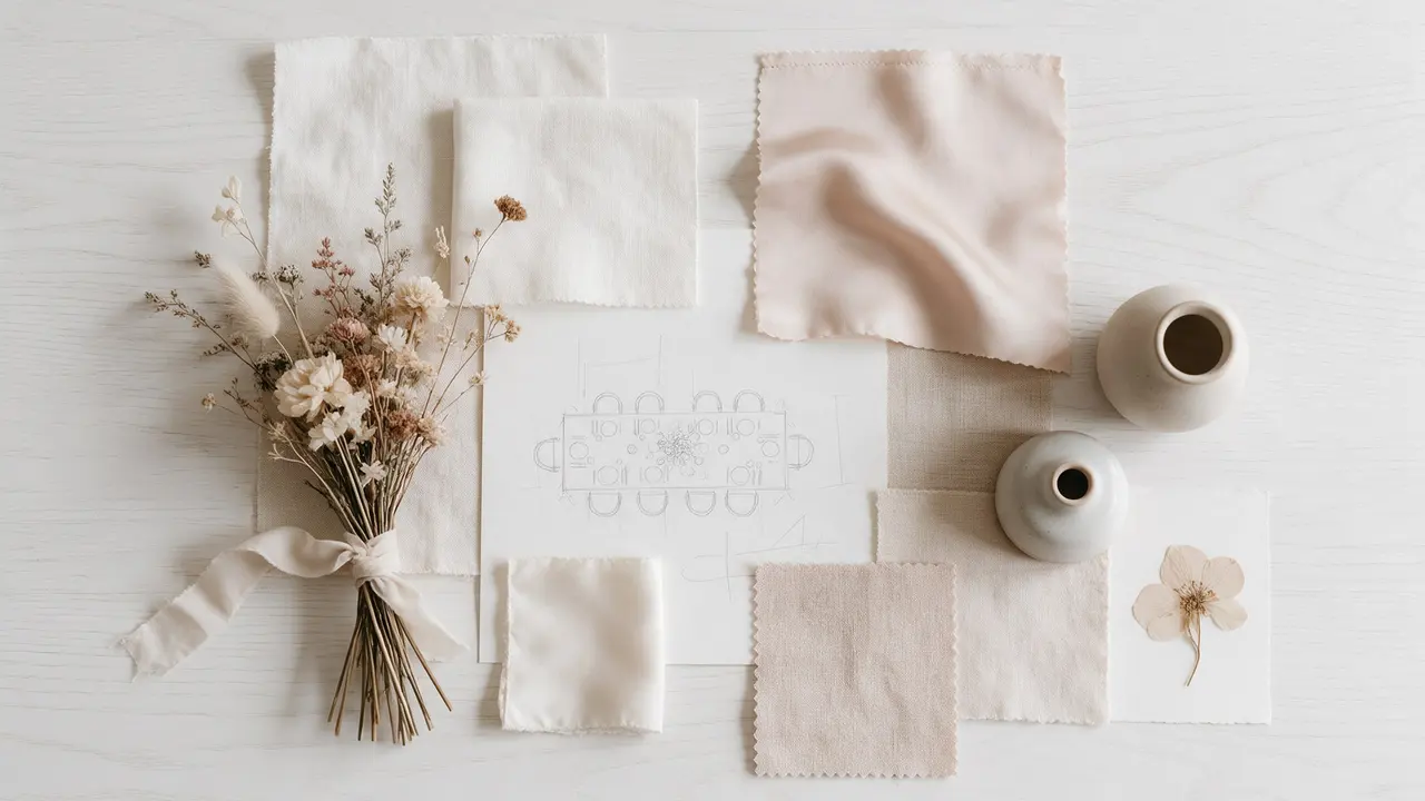 Planche d’ambiance : échantillons de lin et de soie, fleurs séchées, plan de table dessiné au crayon