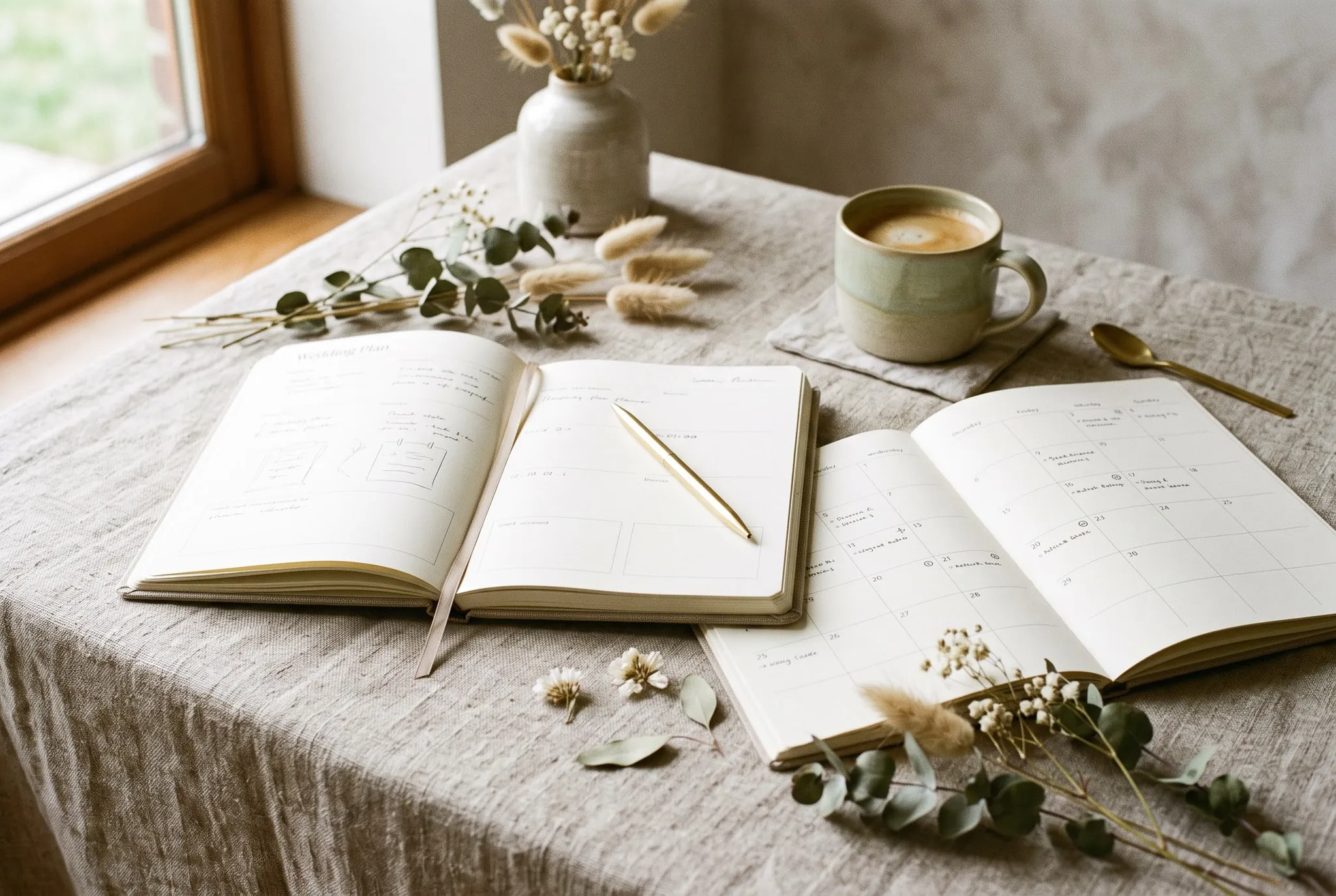 Carnet de planification et calendrier sur une table en lin, fleurs séchées, stylo et tasse de café