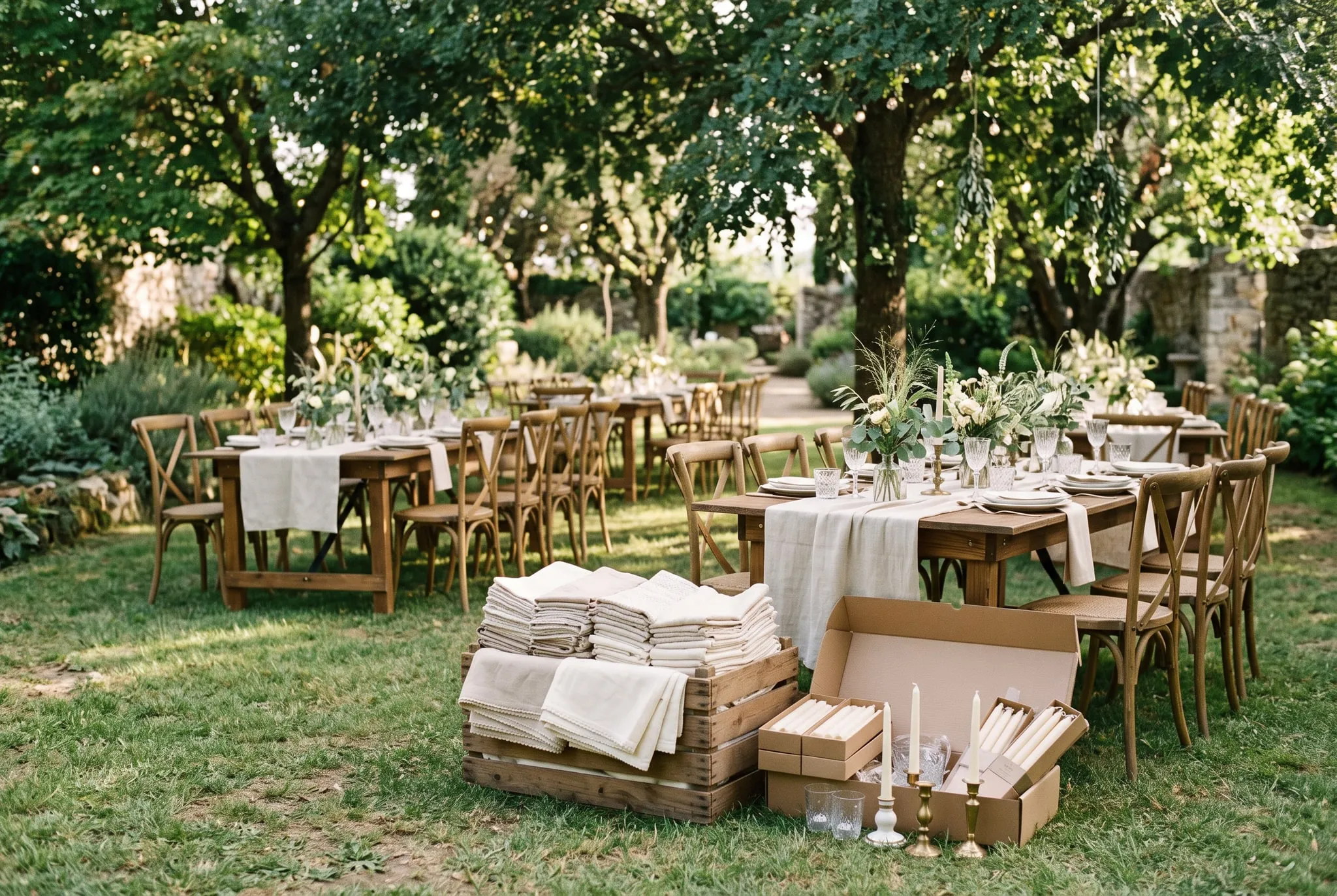 Préparation de la décoration la veille du mariage : tables dressées dans un jardin, cartons de linge et de bougies