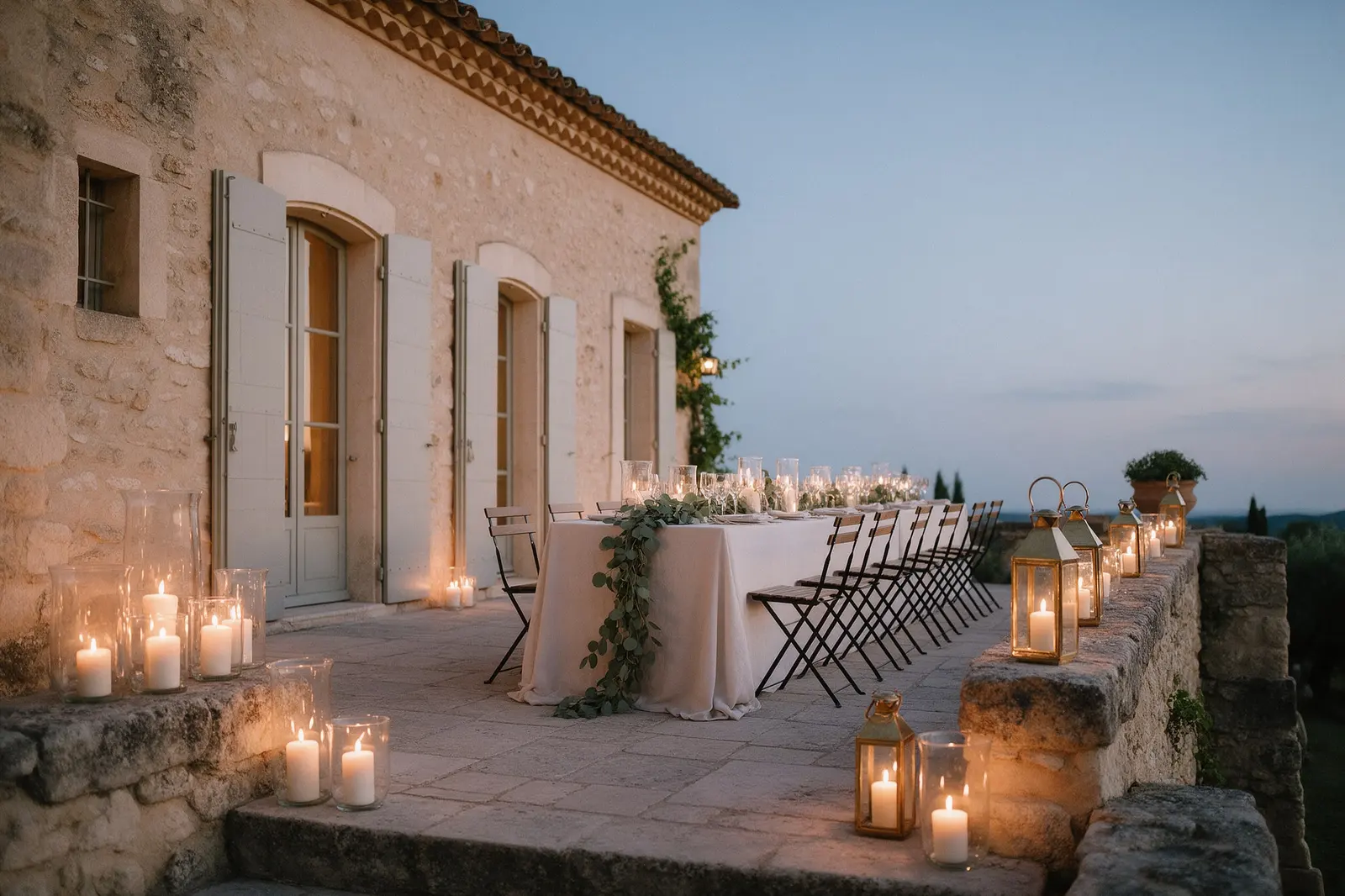 Terrasse en pierre d’une bastide au crépuscule, longue table dressée, bougies et lanternes