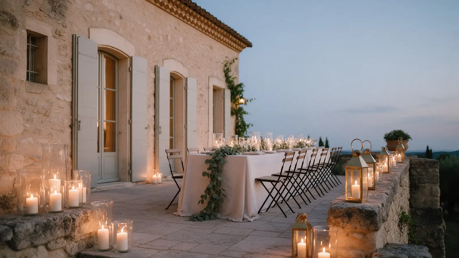 Longue table de mariage dressée sur la terrasse d’une bastide au crépuscule, lanternes et bougies