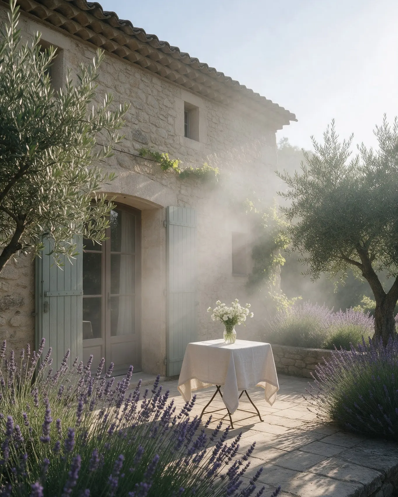 Terrasse en pierre d’un mas provençal au petit matin, oliviers, lavande et petite table dressée