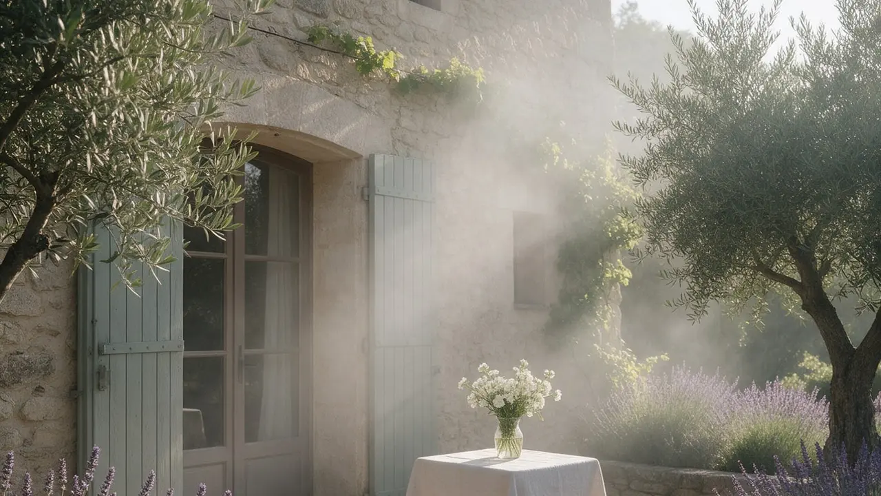 Terrasse en pierre d’un mas provençal au petit matin, oliviers, lavande et petite table dressée