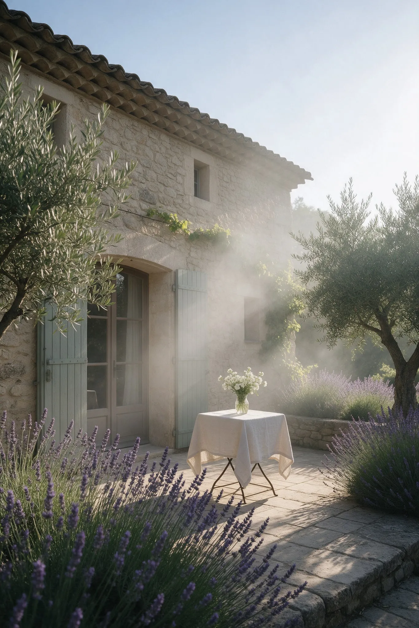 Terrasse en pierre d’un mas provençal au petit matin, oliviers, lavande et petite table dressée